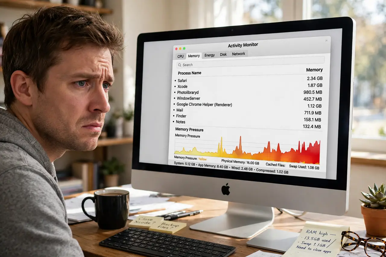 a person looking at a real Mac screen showing Activity Monitor with the memory pressure graph legible, the person's face curious and slightly concerned, home office desk.