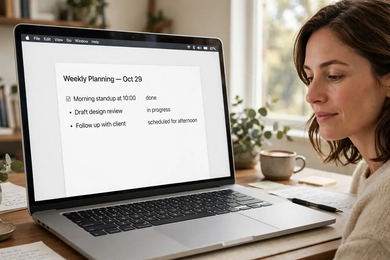A person using a real MacBook, the screen showing the menu bar with the battery percentage number clearly legible next to the battery icon, the person's face calm, home office.