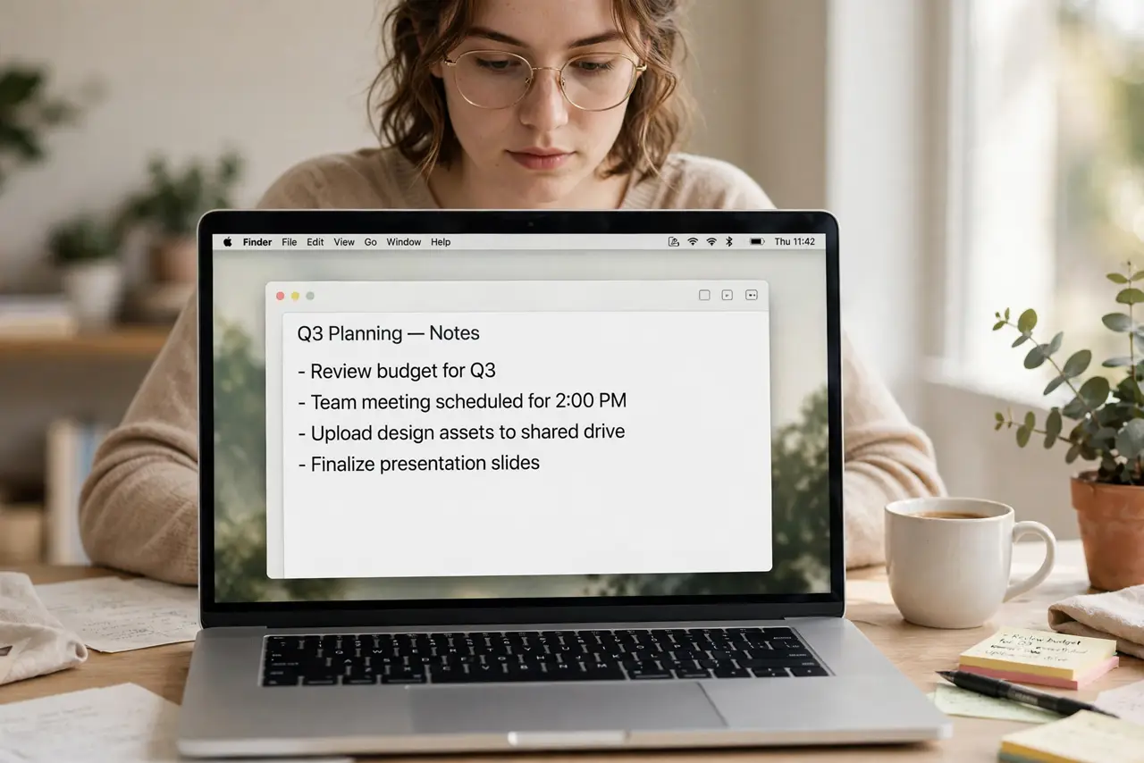 a person using a real MacBook showing the macOS menu bar with control icons legible at the top of the screen, the person's face focused, bright desk. No black screen, no blank whit.