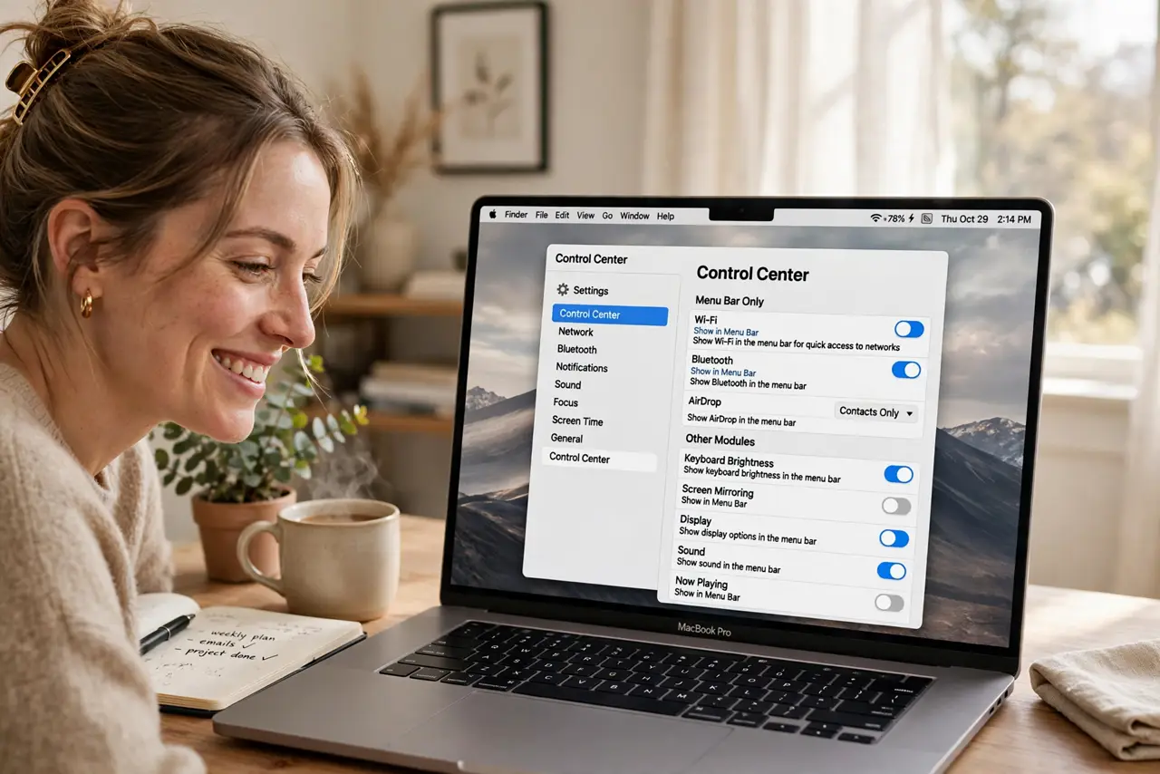 A person using a real Mac, the screen showing the menu bar without the Spotlight icon and the Control Center settings page, fully legible, the person's face satisfied, home office.