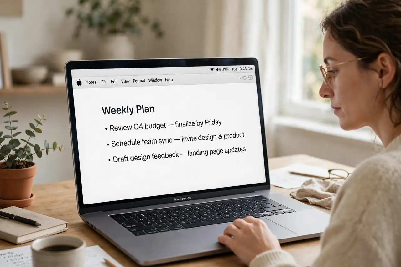 a calm adult at a desk with a real Mac laptop, the macOS menu bar with Wi-Fi, battery, and sound icons clearly visible on the real Mac screen.