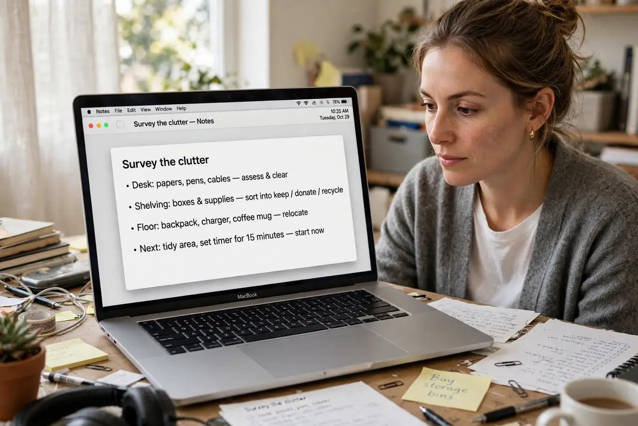 A person calmly performing the guide's first step: Survey the clutter.