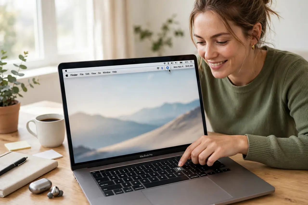 a person dragging menu bar icons on a real Mac with the Command key held, rearranging them into a tidy row, the person's face satisfied, bright desk. No black screen, no blank whit.