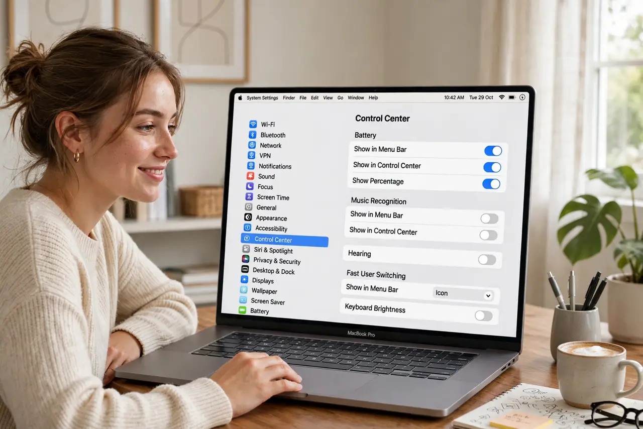A person using a real Mac, the screen showing the menu bar without the Siri icon and the Control Center settings page, fully legible, the person's face satisfied, home office.