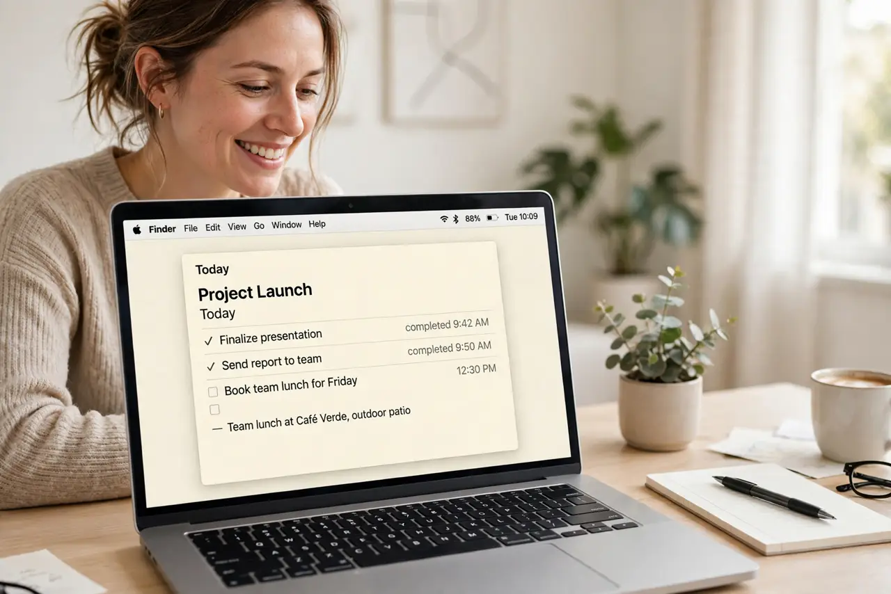 A person looking at a real MacBook screen with a clean, organized menu bar showing a few legible icons at the top, the person's face satisfied, bright desk.