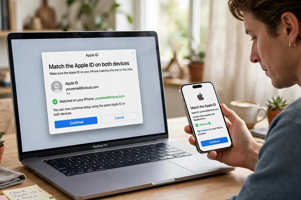 Step 1 in action for Messages Out of Sync Between Mac and iPhone: Match the Apple ID on both devices.