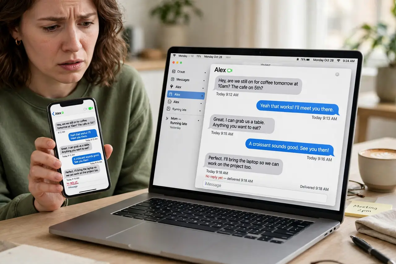 Messages Out of Sync Between Mac and iPhone — a confused adult holding an iPhone showing a text conversation while a MacBook beside it shows the Messages ap
