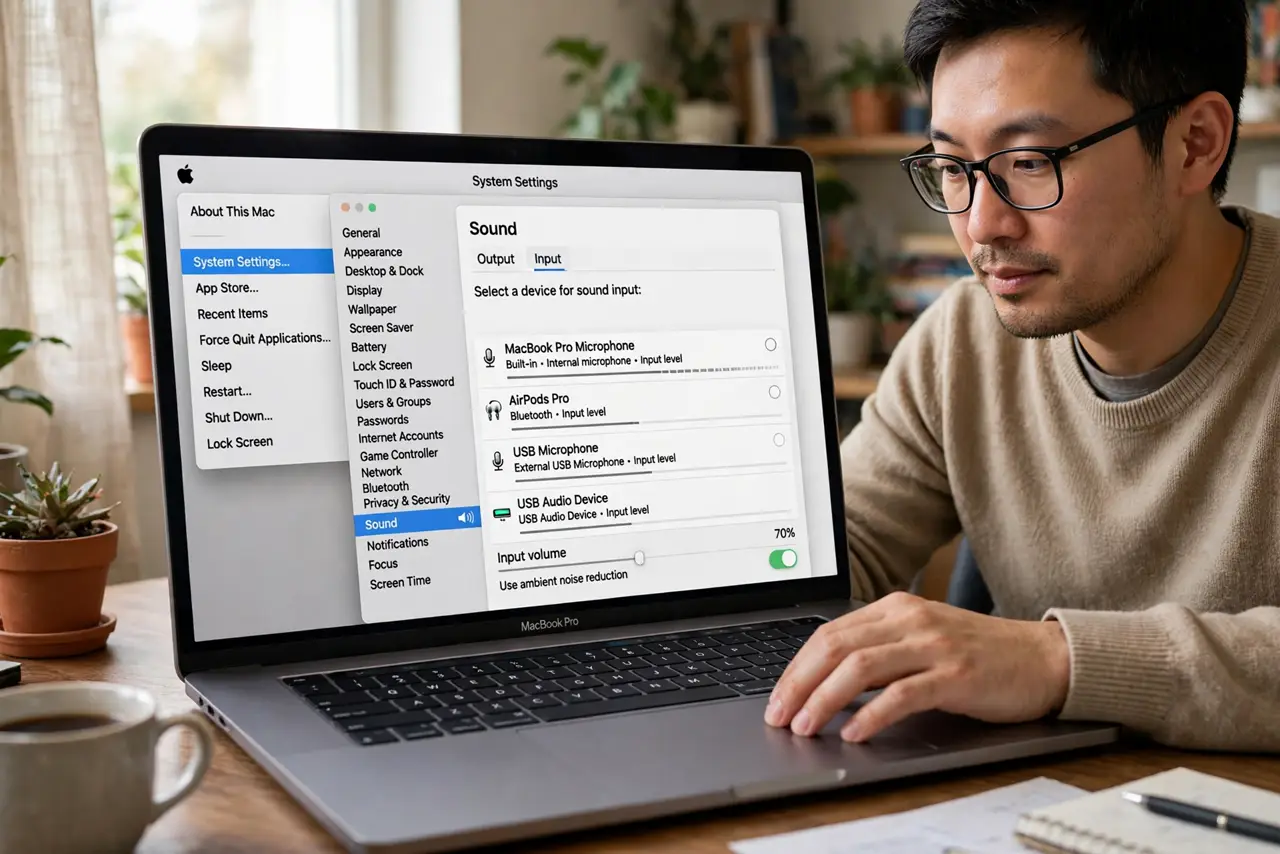 A person performing the first step: Open Sound settings. Click the Apple menu, choose System Settings, then Sound. The.