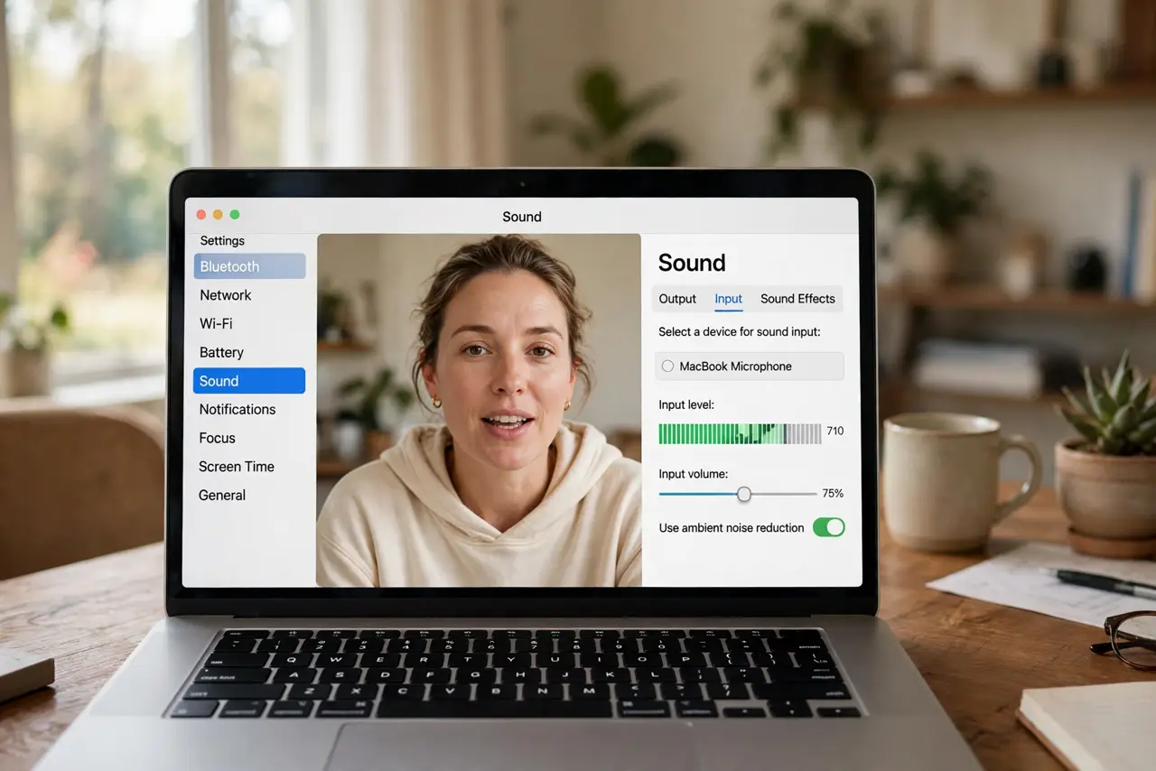 A person speaking into a MacBook during a video call, the laptop screen showing a sound settings window with a visible