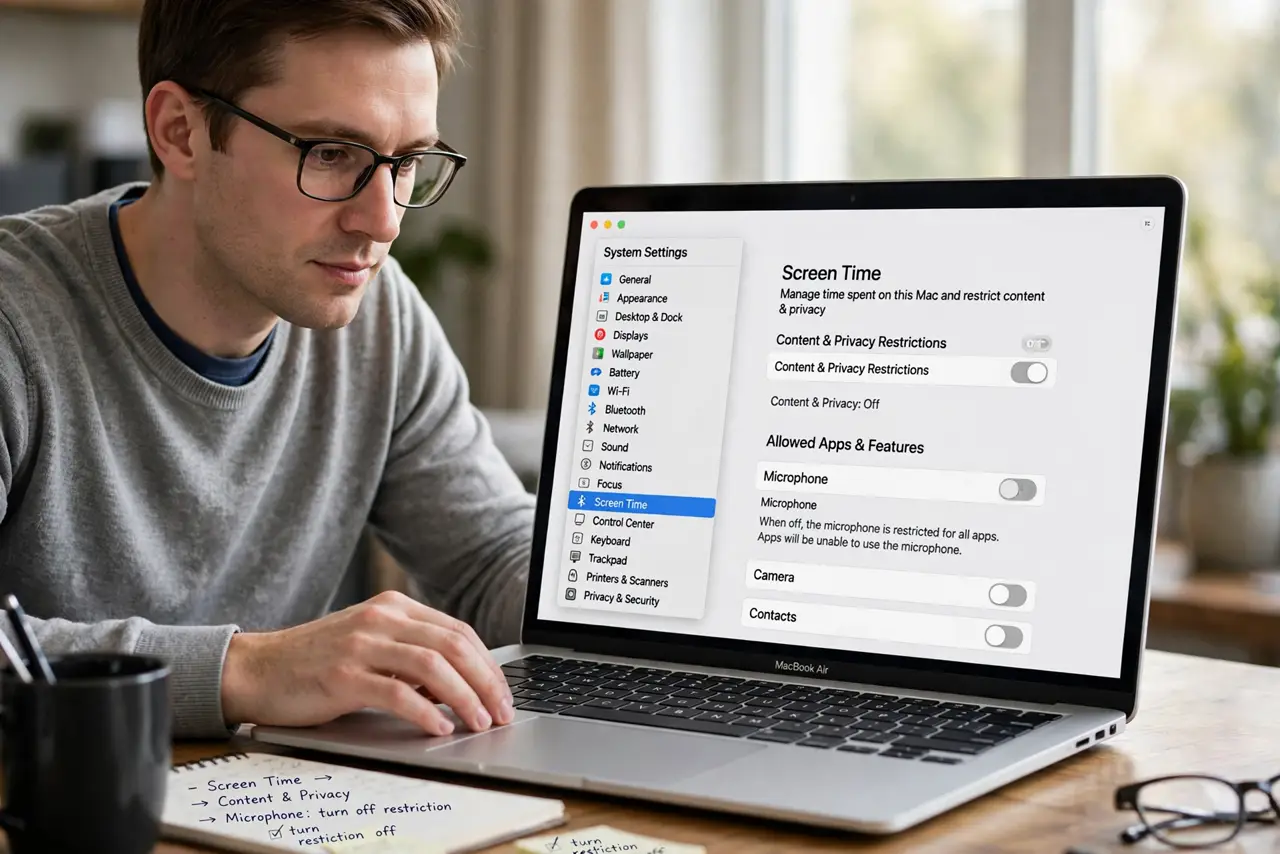 A person performing step 1 of the guide: Check Screen Time restrictions. Go to System Settings > Screen Time > Content & Privacy Restrictions. A microphone restriction here greys...