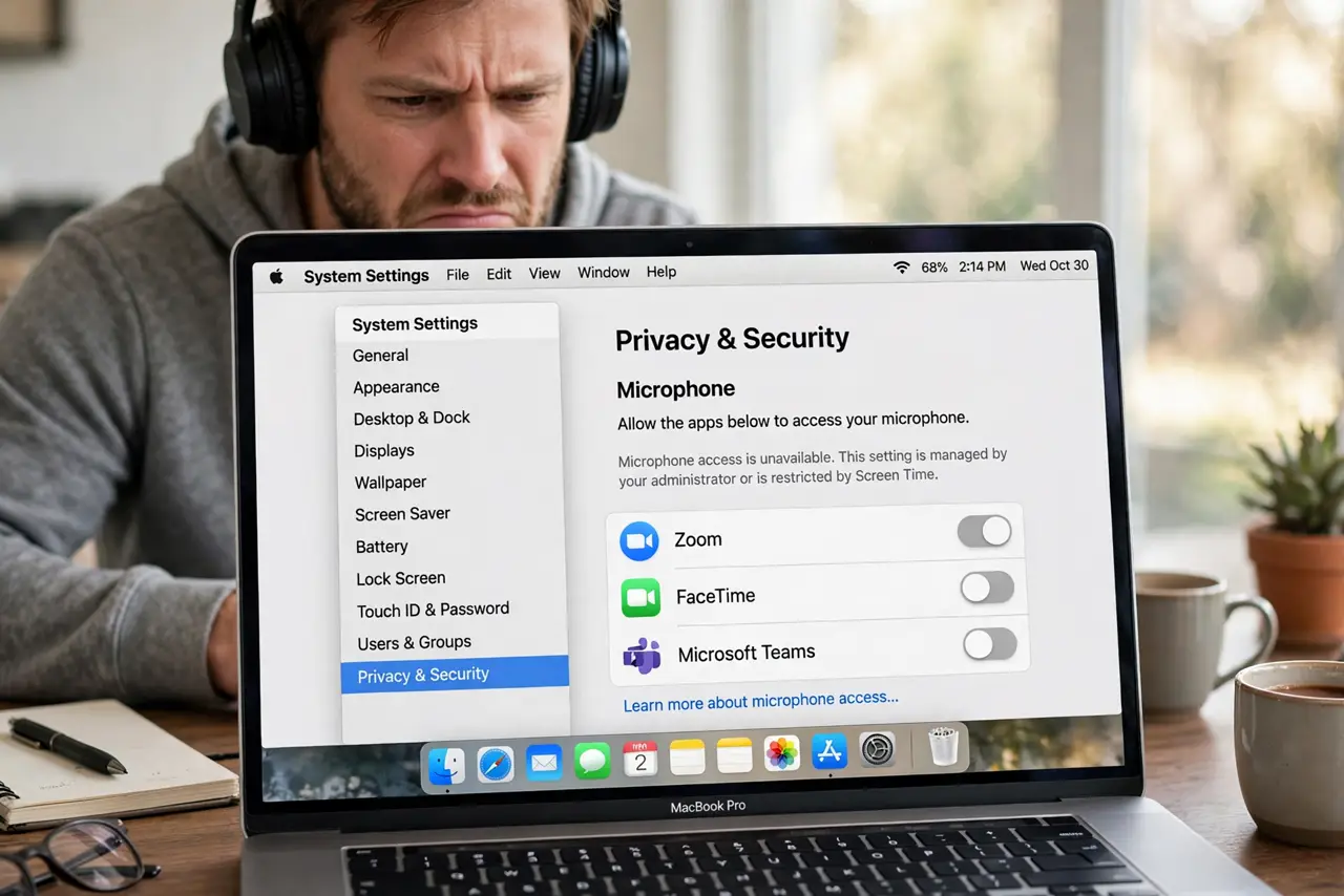 a frustrated adult on a real Mac looking at the Microphone privacy settings page with a greyed-out toggle and fully legible text, wearing headphones.