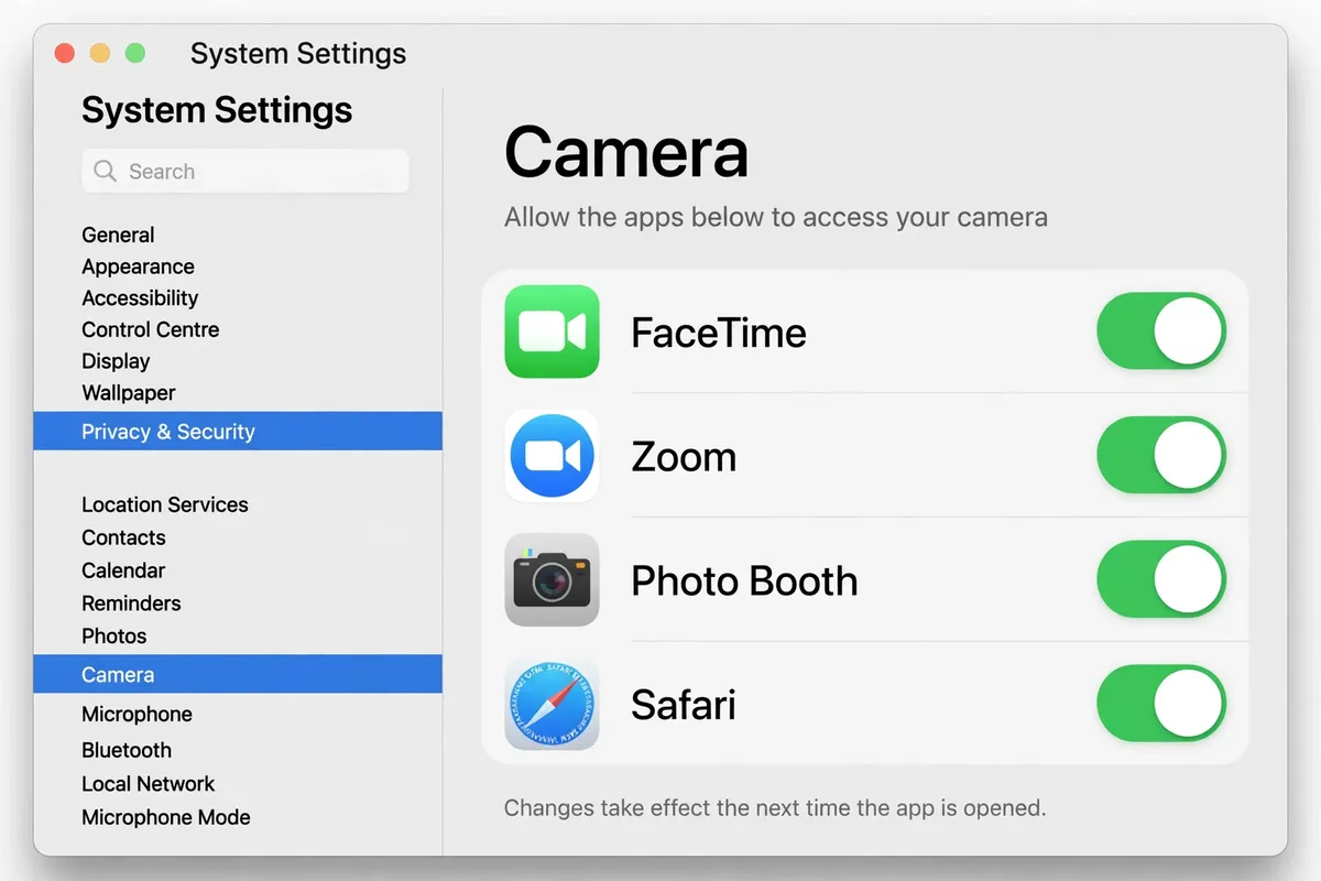 macOS System Settings showing Privacy and Security, Camera, with FaceTime, Zoom, Photo Booth and Safari switched on.