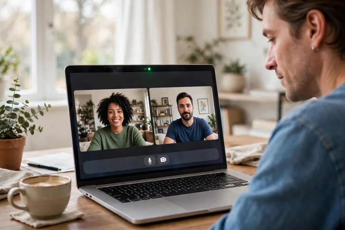 A person on a video call on a MacBook in a bright home office, the screen showing two video call participants with microphone and camera controls, with the camera indicator light on at the top of the screen.
