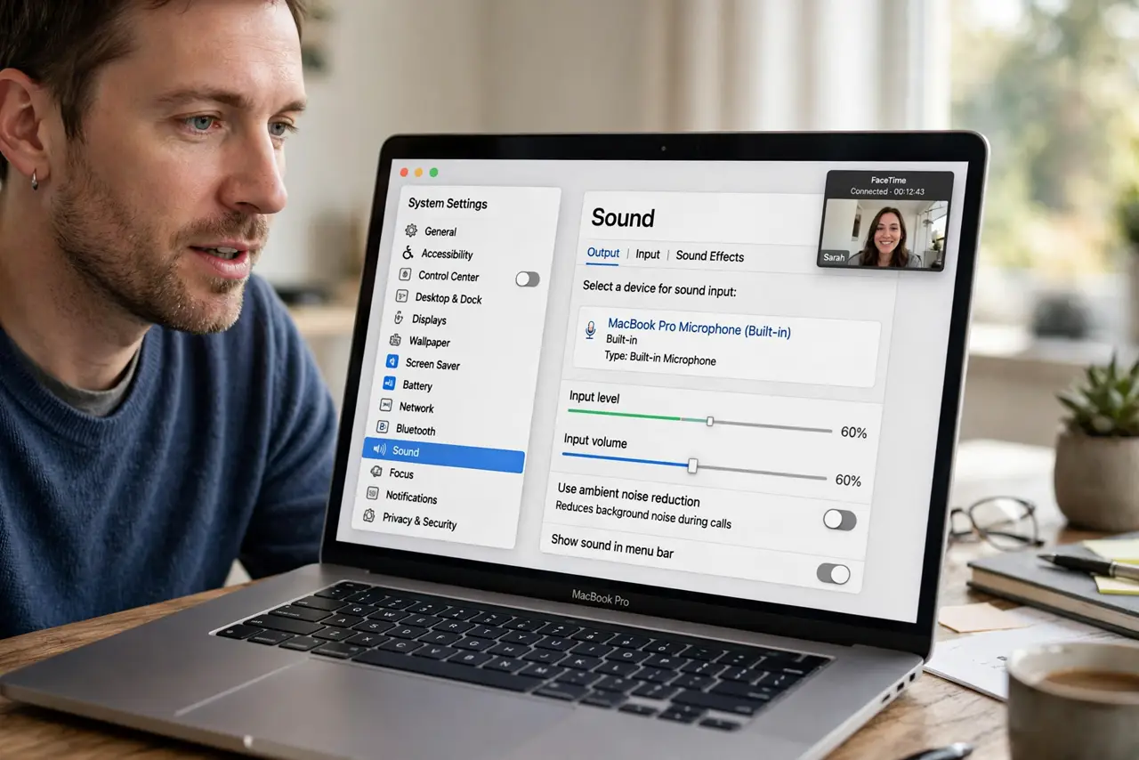 a calm adult speaking on a video call on a real Mac laptop at a desk, the macOS Sound Input settings screen clearly visible and legible on the real Mac screen.
