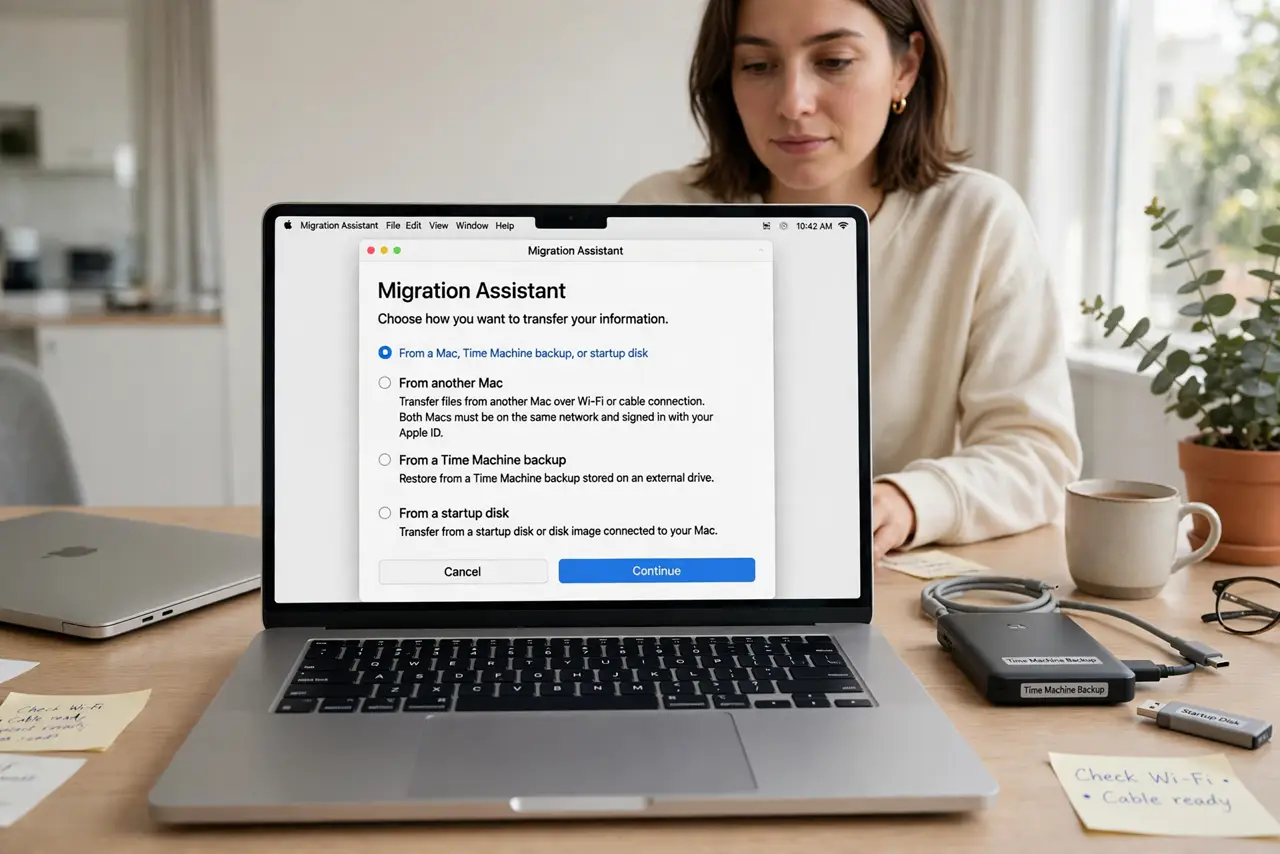 A person performing the first step: Choose your source. Another Mac over Wi-Fi or cable, a Time Machine backup drive.