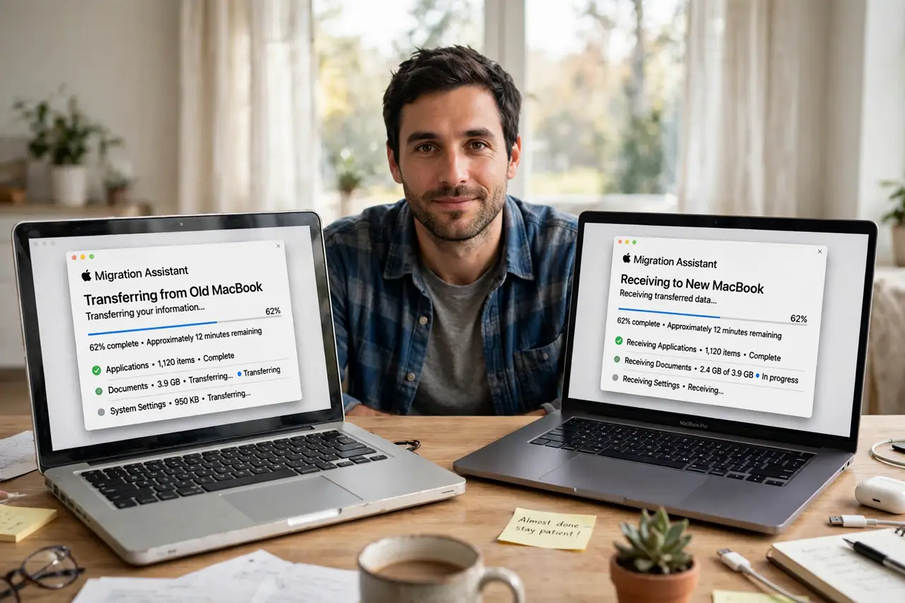 A person sitting between an old MacBook and a new MacBook on a desk, both screens showing a migration progress window