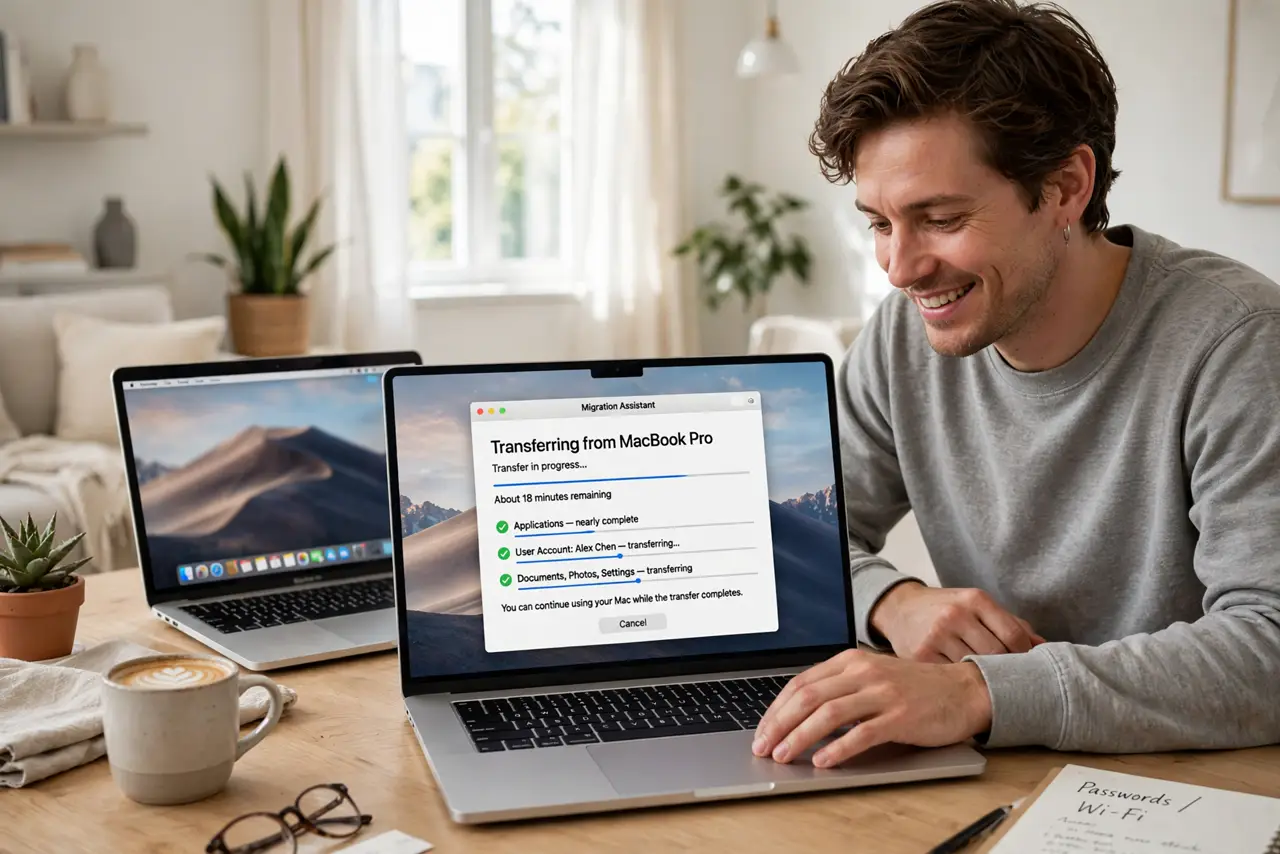 A person setting up a new real MacBook next to an old real MacBook, the new screen showing the Migration Assistant transfer screen with legible text, the…
