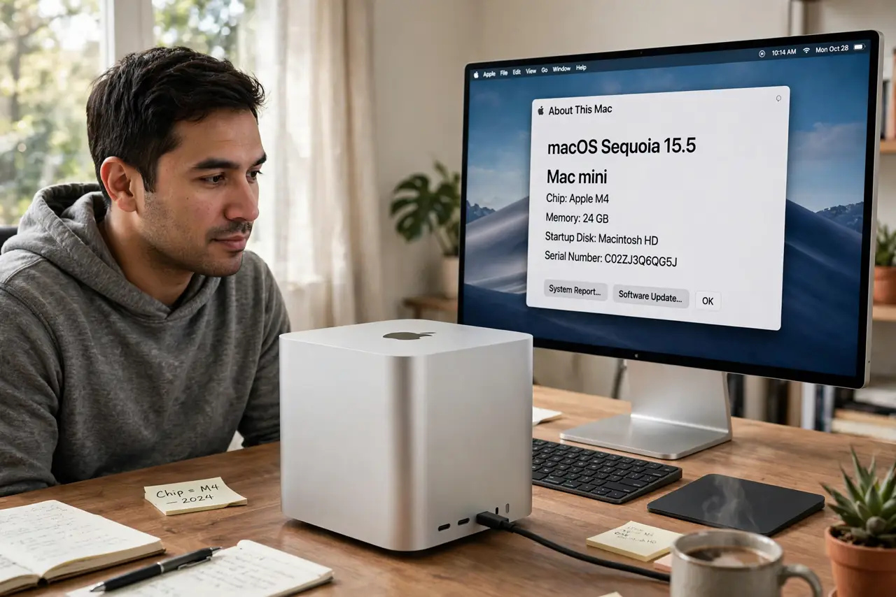 Photoreal photo of a person performing the first step: Identify your Mac mini's chip. Click the Apple menu, then About This Mac. If the chip line says