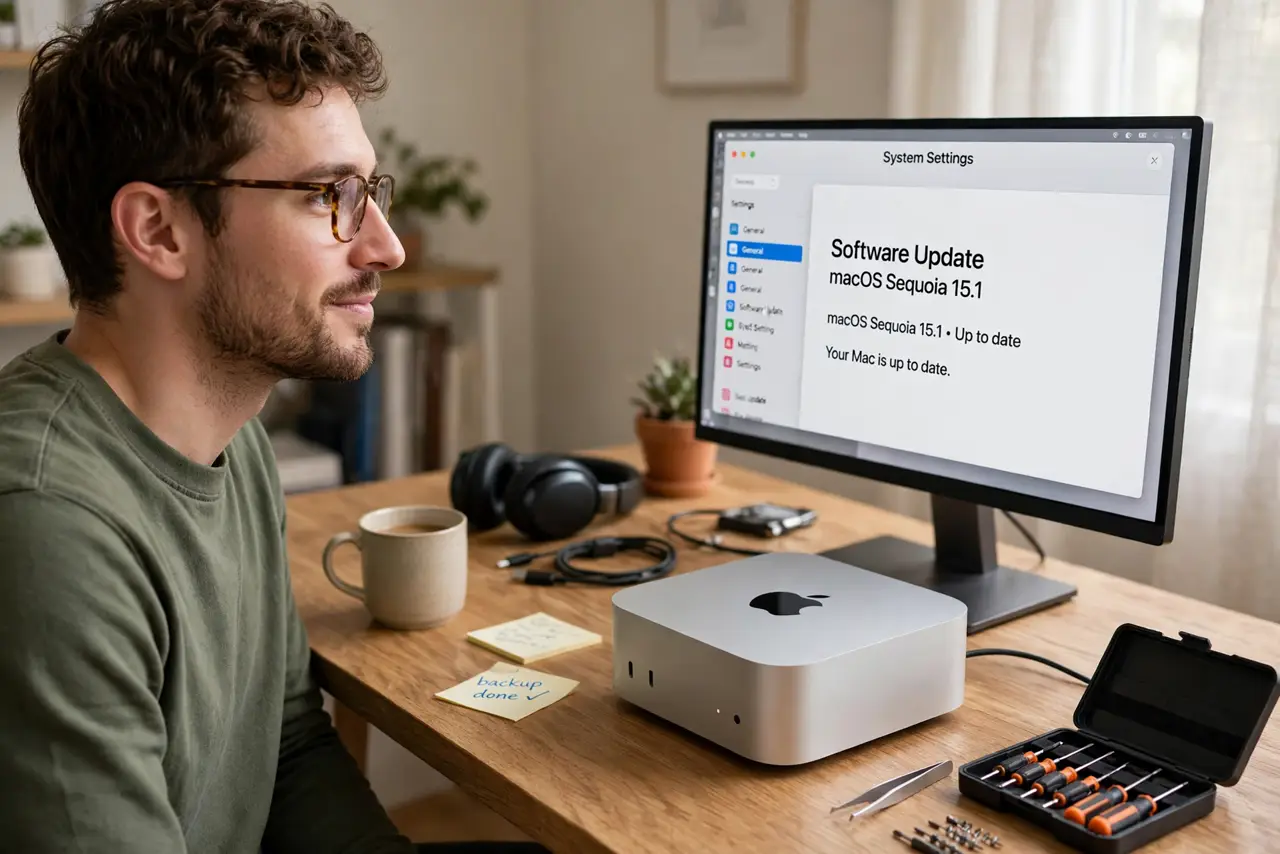Photoreal photo: a person looking at the underside of a real Mac mini on a desk, a small screwdriver set nearby but the person checking a phone with legible model info instead, the person's face thoughtful, home office. No black scree