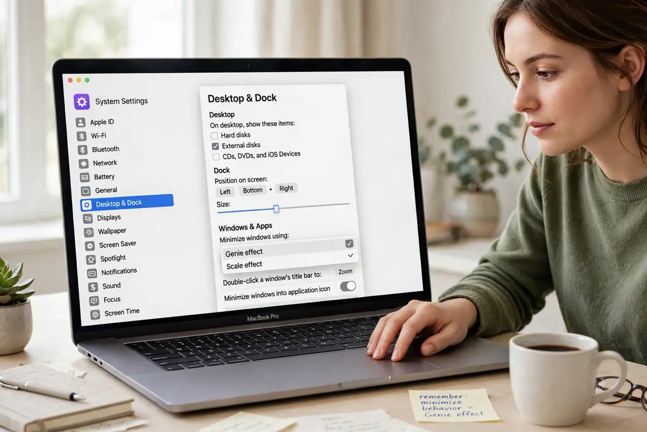 A person performing the first step: Open Desktop & Dock settings. System Settings > Desktop & Dock. The minimize.
