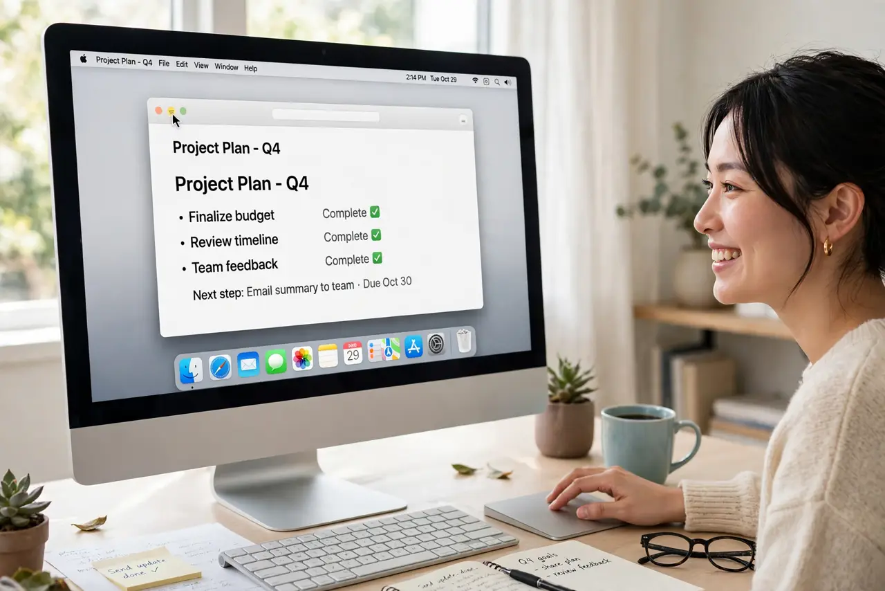 A person minimizing a window on a real Mac with the Dock visible and app icons legible on screen, the person's face
