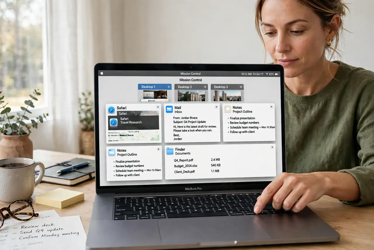 a calm adult at a desk with a real Mac laptop open, Mission Control visible on the real screen with window thumbnails complete and legible, the person organizing windows calmly.