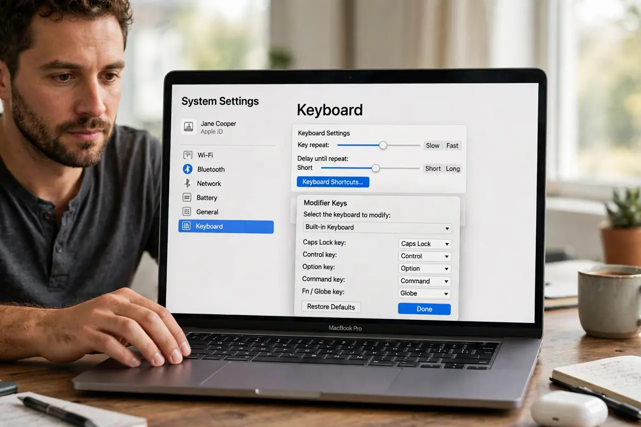 A person performing the first step: Open Modifier Keys. System Settings > Keyboard > Keyboard Shortcuts > Modifier.