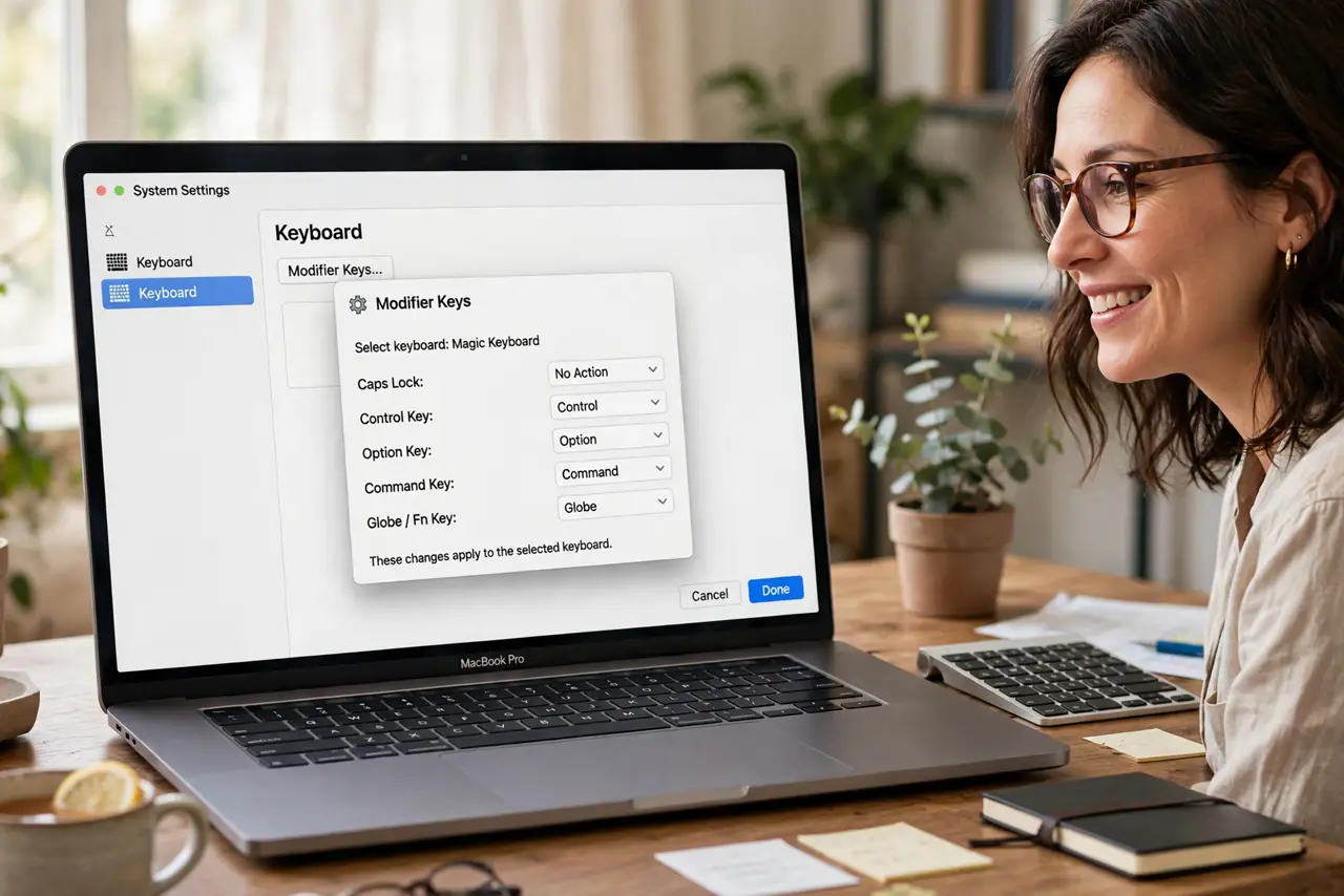A person looking at the Modifier Keys settings pane on a real Mac with the dropdown options legible on screen, an