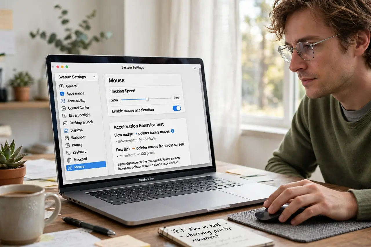 A person performing the first step: Understand what acceleration does. macOS multiplies pointer distance by movement.