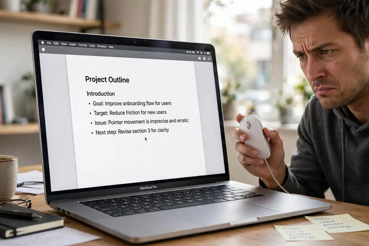 A person holding a real computer mouse next to a MacBook, the laptop screen showing a cursor on a document with legible