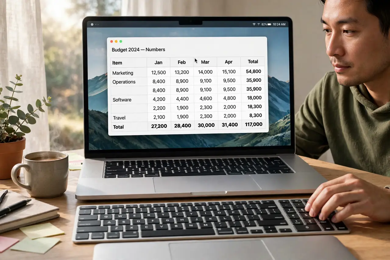 A person's hand on a real Mac keyboard using number keys while a real Mac screen shows the pointer moving, trackpad visible but untouched, the person's face concentrated,.