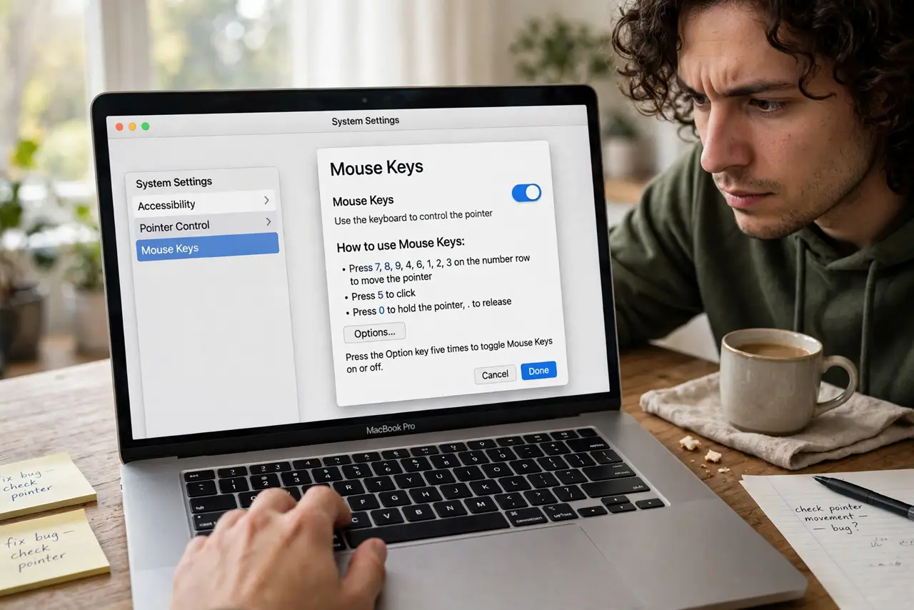 A person using a real MacBook keyboard's number row to move the pointer, the Mouse Keys settings window visible on screen fully legible, the person's face concentrated.