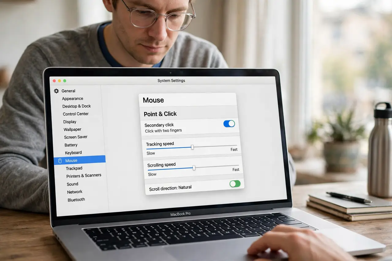 A person performing the first step: Open Mouse settings.
