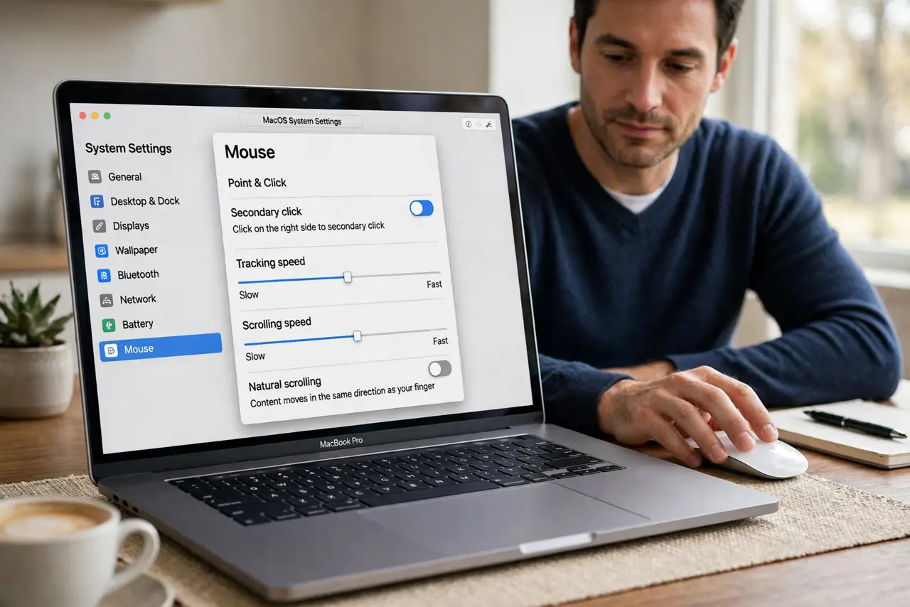 a calm adult scrolling with a real mouse beside a real Mac laptop, the macOS Mouse settings screen clearly visible and legible on the real Mac screen.