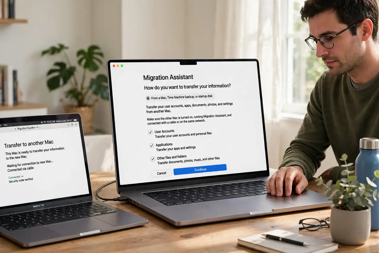 Photoreal photo of a person performing the first step: Start from the new Mac's setup or Utilities. Migration Assistant runs during the new Mac's firs