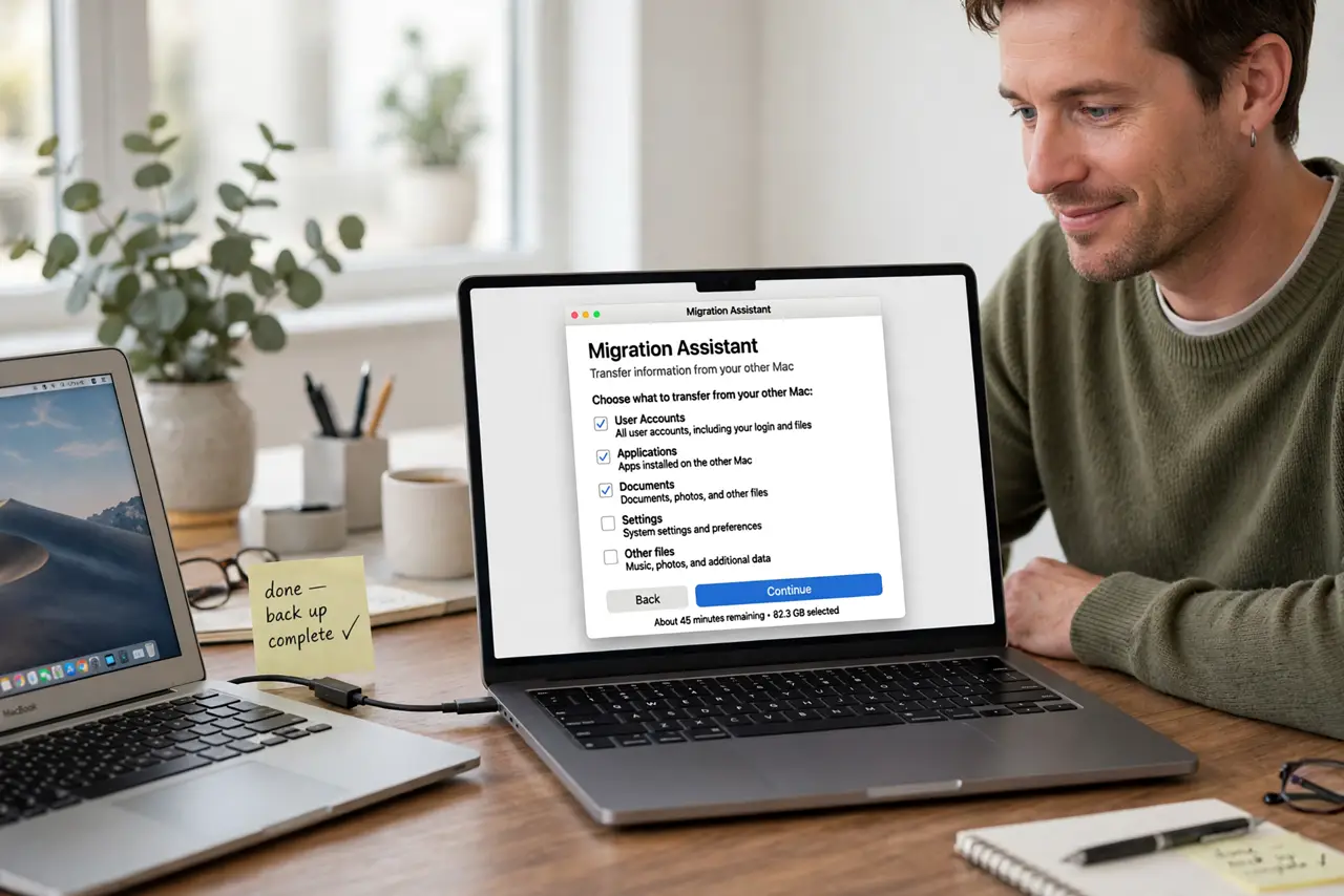 Photoreal photo: a person watching a real new MacBook showing the Migration Assistant screen with legible transfer options, an older Mac beside it connected by cable, the person's face calm and satisfied, bright room. No black screen,