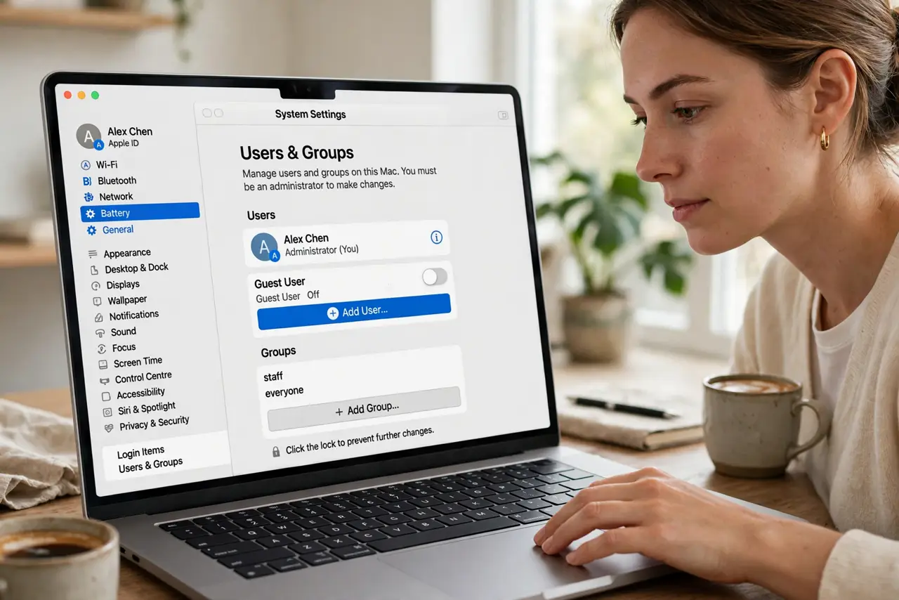 A person performing the first step of the guide: Open Users and Groups. Go to System Settings, General, Users and Groups. Click the info button or Add User.