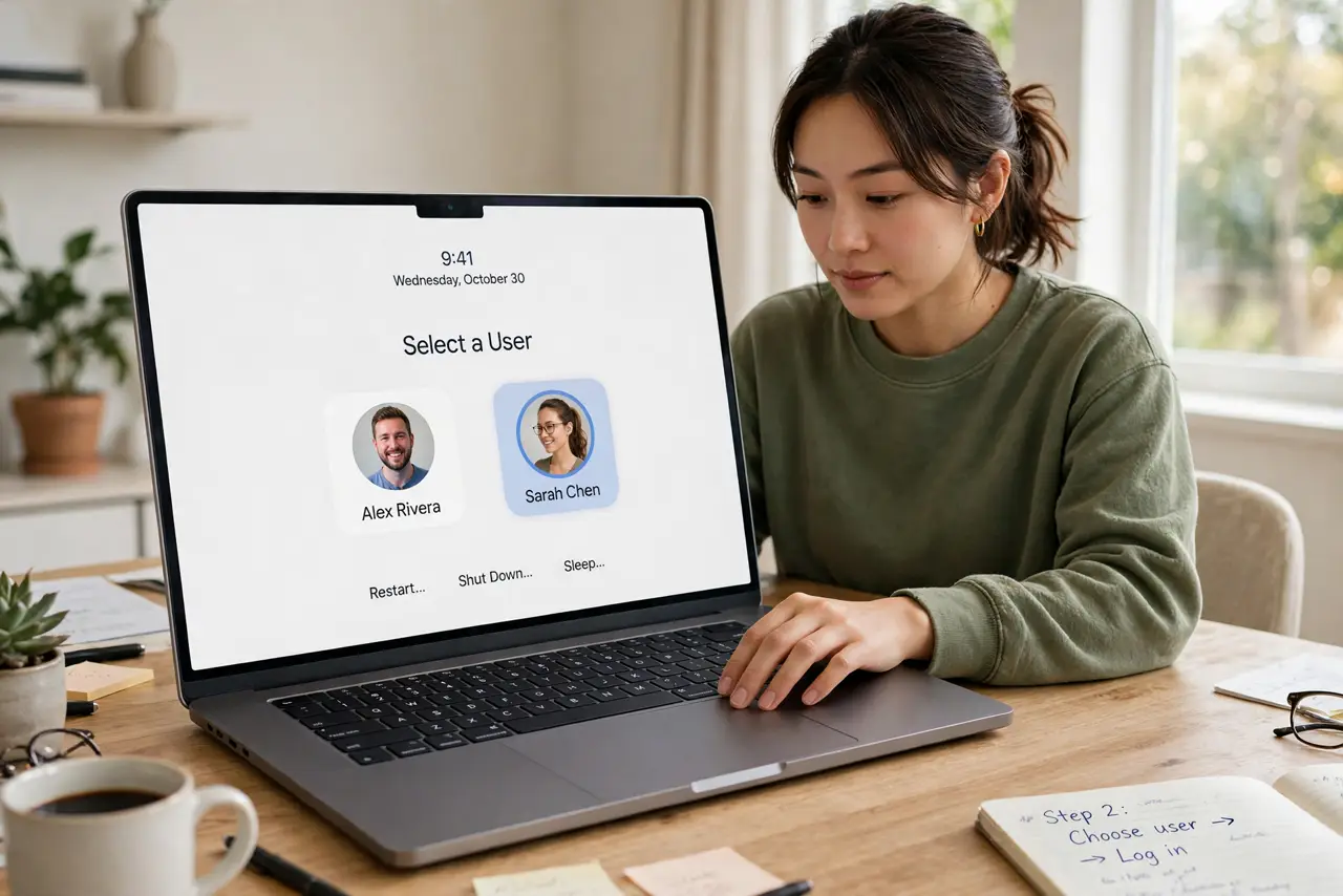 A person looking at a real Mac login screen showing two user account icons with names legible, the person's hand on the trackpad choosing one, bright.
