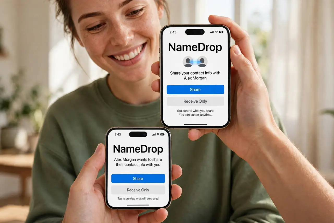 two real iPhones held top-to-top with the NameDrop animation legible on screen, hands visible, the person's face pleased, bright room. No black screen, no blank white screen, no fa.
