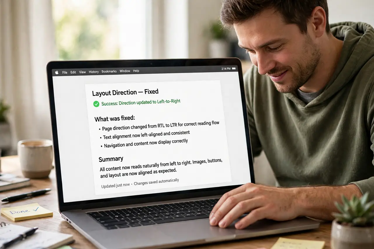 Reverse the Scroll Direction on Mac — a relieved adult scrolling a webpage on a MacBook with fully legible text after fixing the direction, the pers