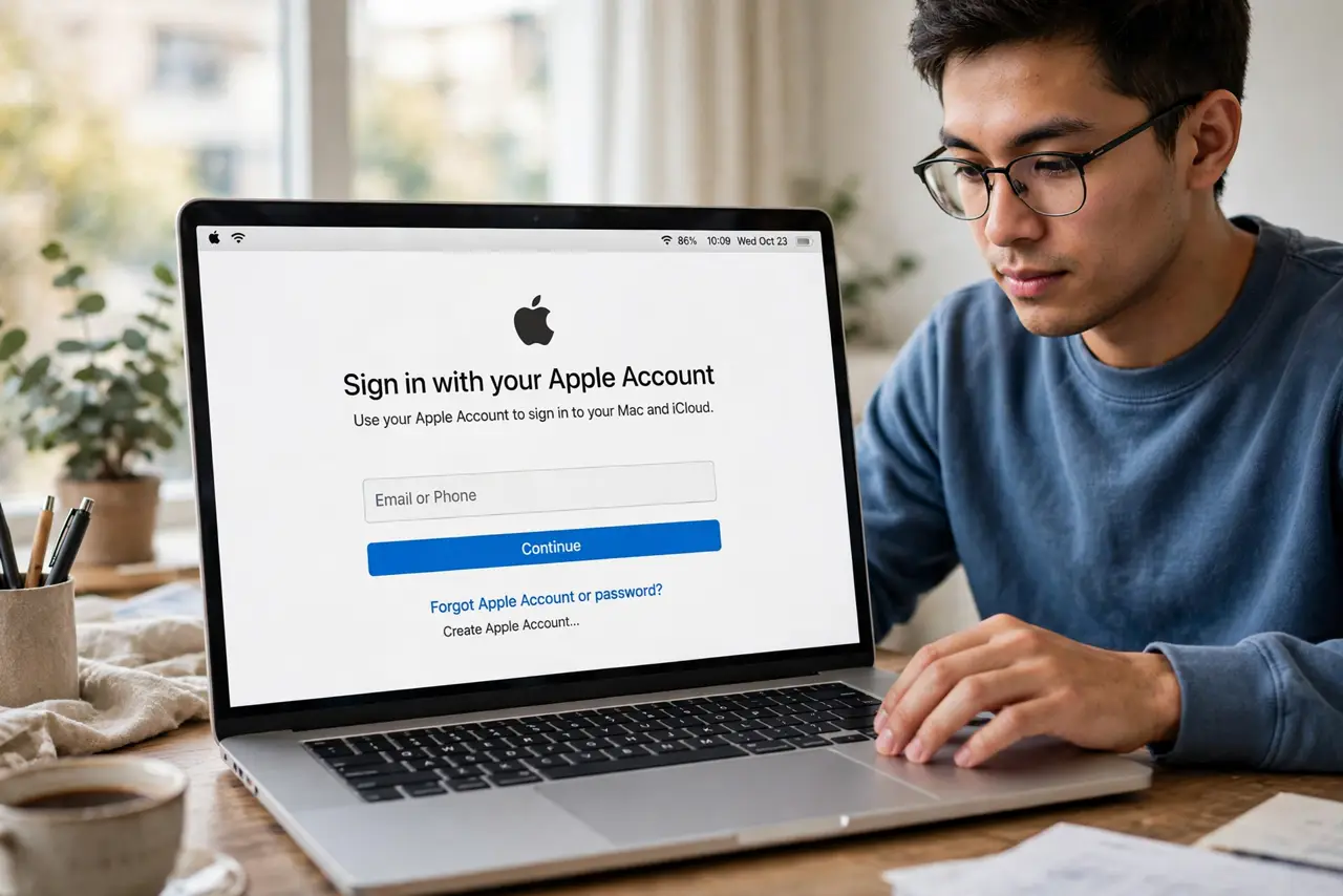 A person calmly performing the guide's first step: Sign in with your Apple Account first.