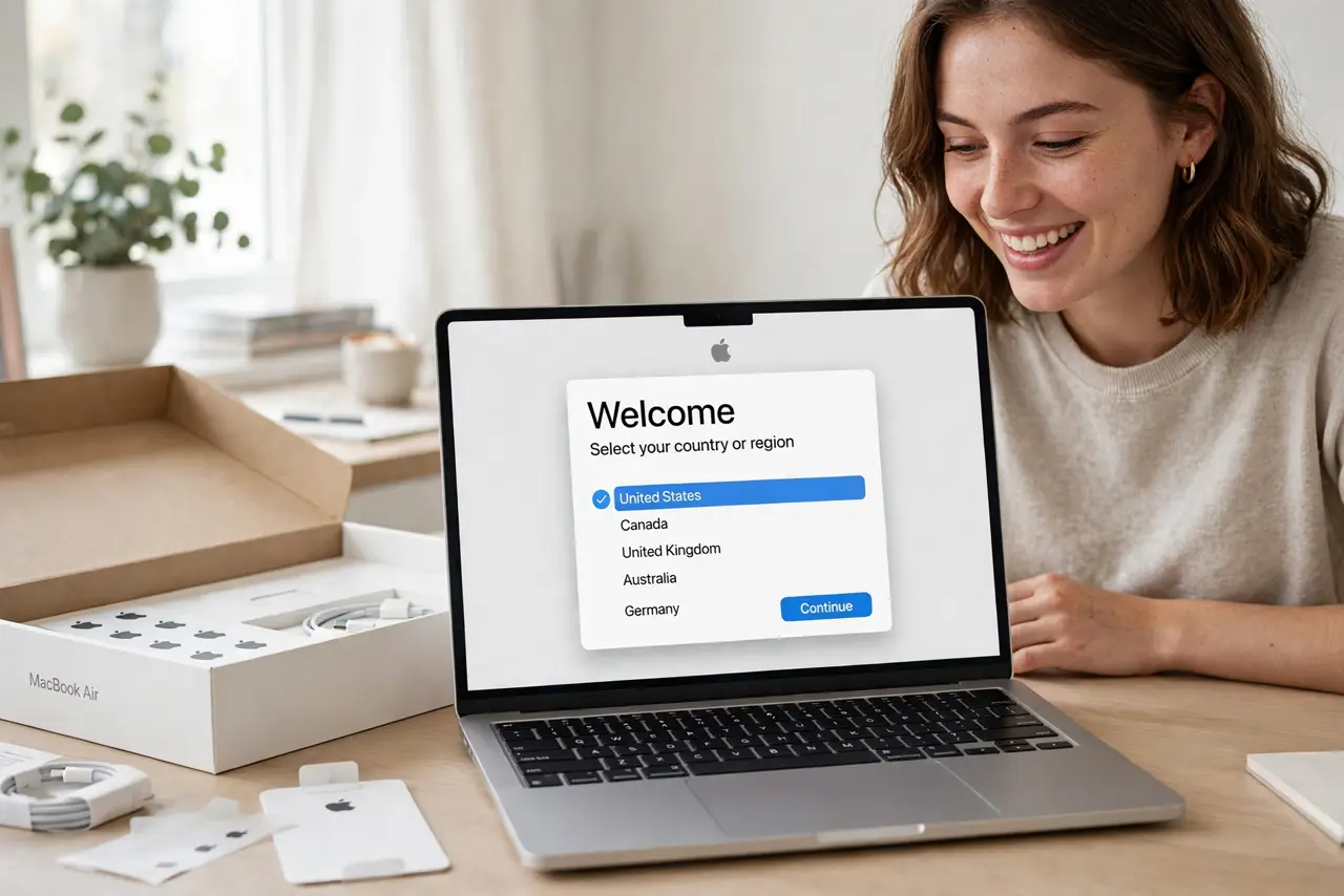 a person unboxing a real MacBook on a clean desk, the screen showing the macOS setup assistant with legible welcome text, the person's face happy and focused, bright room. No black.