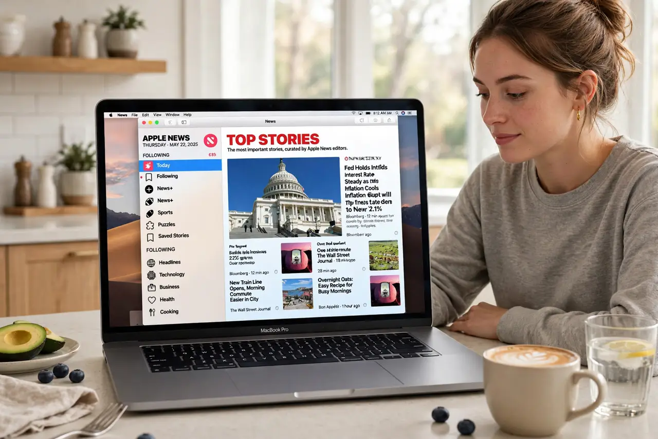 A person reading morning news on a real MacBook showing the Apple News app with legible headlines, a coffee cup nearby, the person's face relaxed, bright…