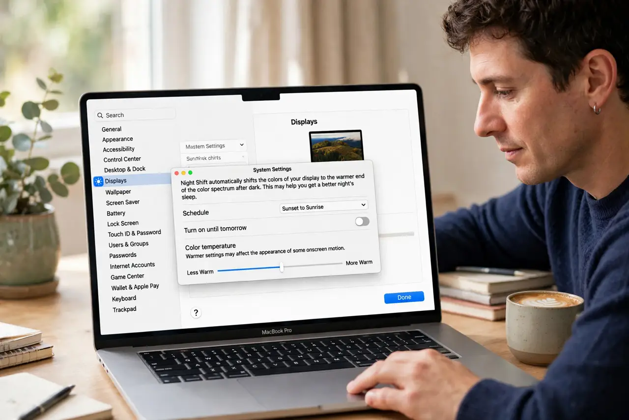 A person performing step 1: Open the Night Shift settings. Go to System Settings, Displays, then Night Shift. The schedule dropdown and te.