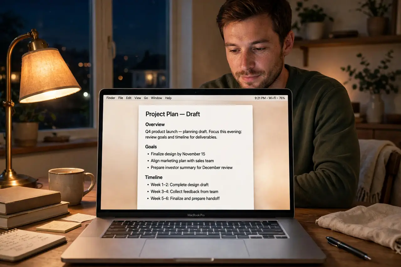 A person working on a real MacBook at night with the screen showing warm-toned colors and legible text, a warm lamp glowing beside them, the person's face comfortable,.