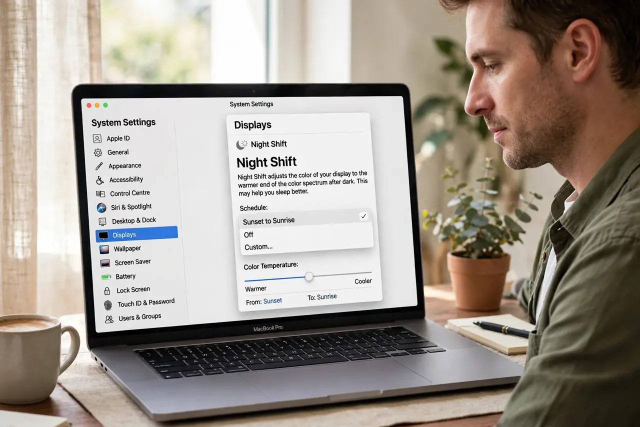 Night Shift Schedule vs Sunset, Explained — step 1 being performed on the device.