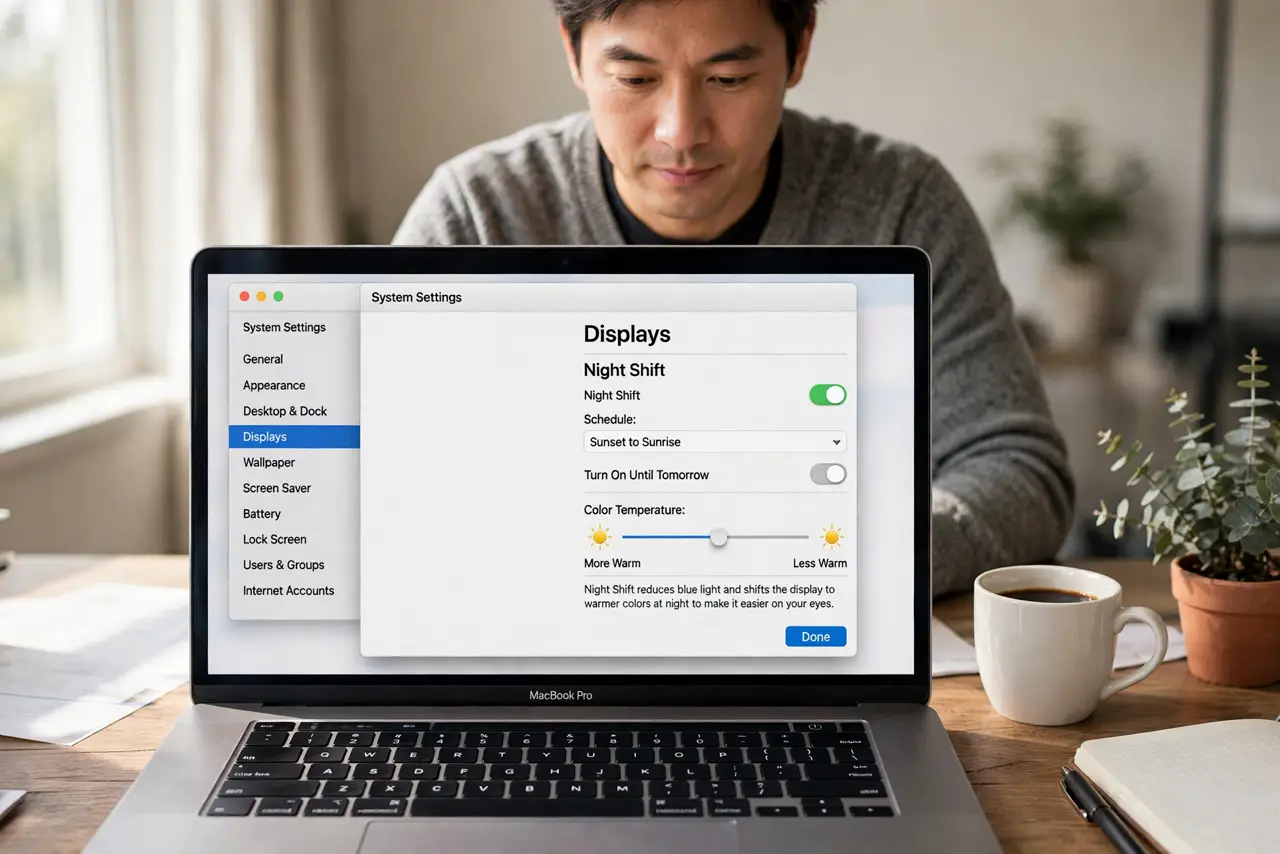 a calm adult at a desk with a real Mac laptop showing normal color, the macOS Night Shift settings screen clearly visible and legible on the real Mac screen.