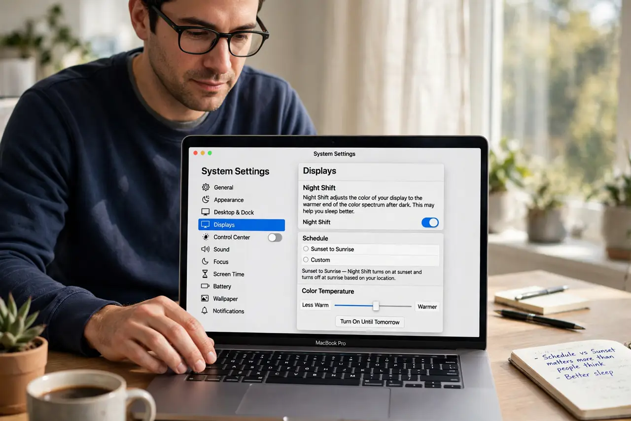 A person performing the first step of the guide: Open the Night Shift settings.