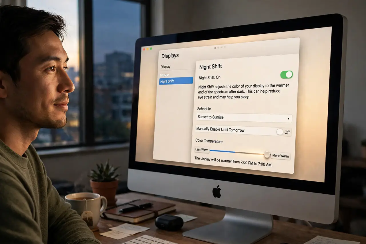 a person at a real Mac in the evening, the screen showing the Night Shift warmth slider with legible settings, warm screen glow, the person's face relaxed, dim room.
