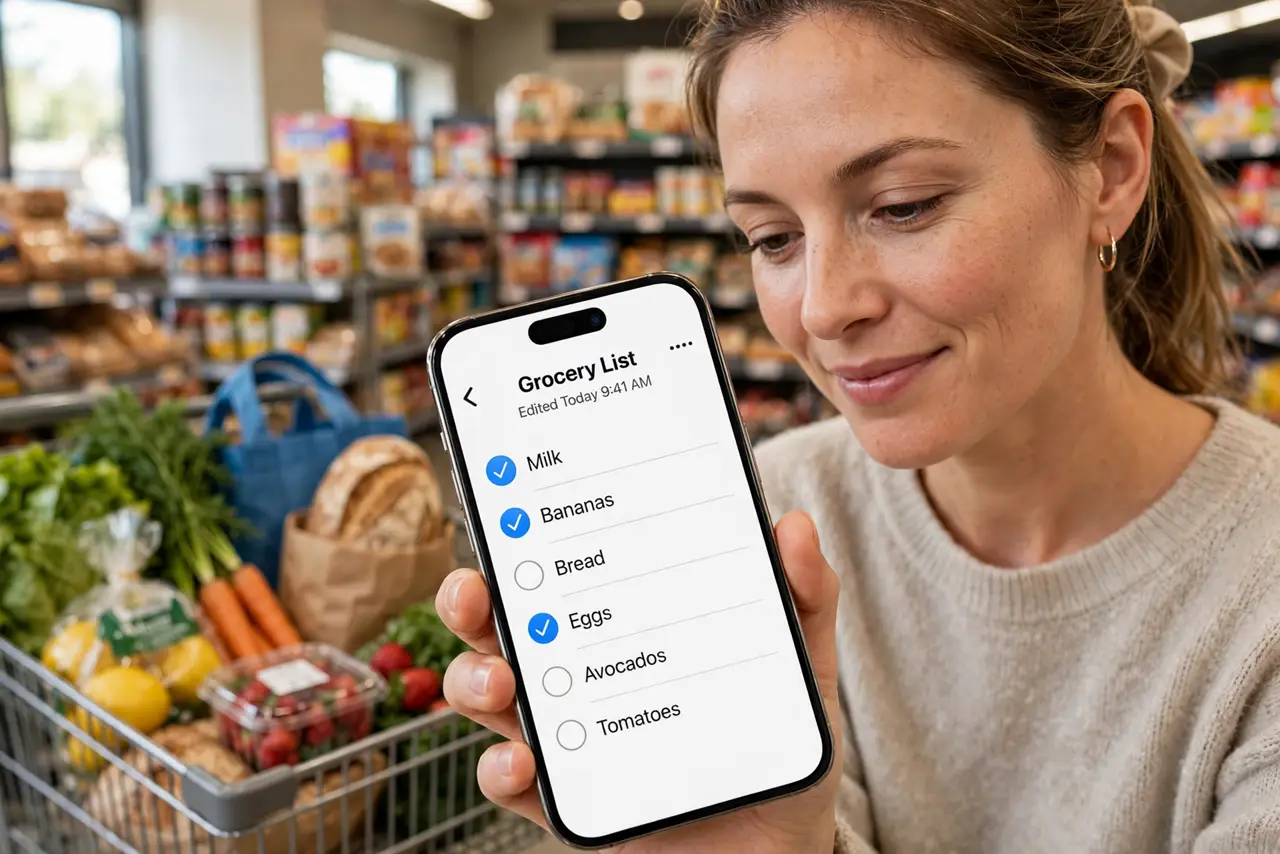 a person checking off items on a real iPhone Notes checklist with legible grocery items, grocery cart in a store aisle, the person's face organized and pleased.